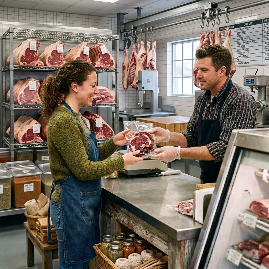 Customer receiving packaged raw steak from butcher behind counter in shop